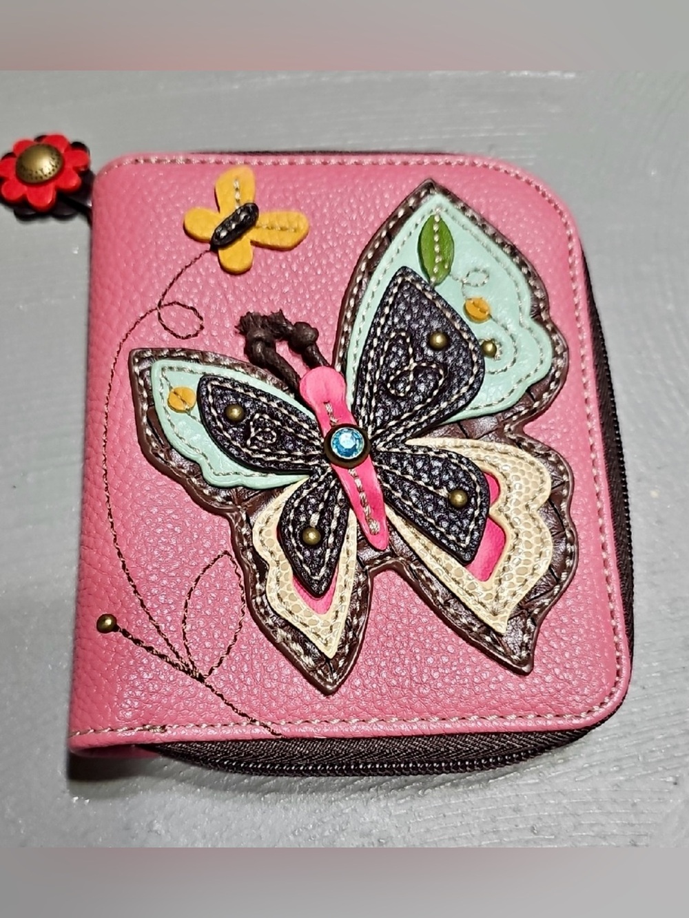 CHALA Pink Butterfly Embellished Zip Around Wallet